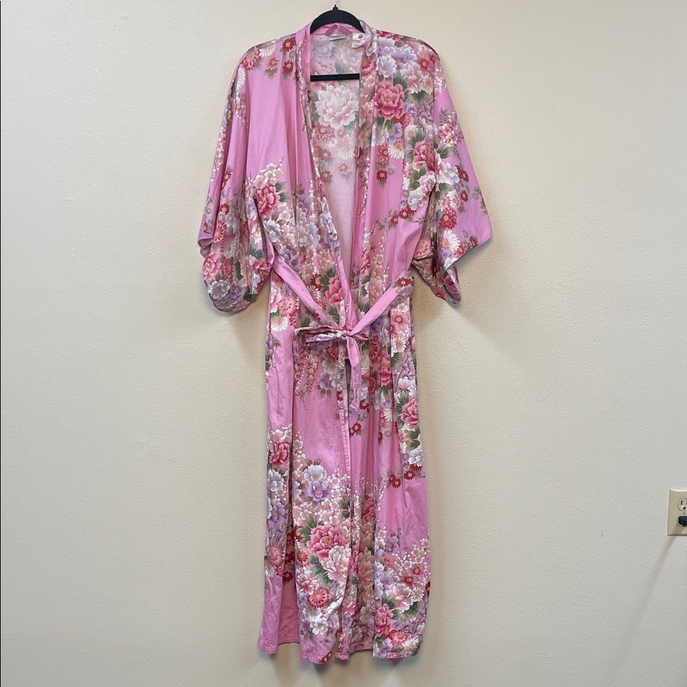 Floral Pink Kimono Tie Robe 100% Made in Japan large box sleeves Cotton Maxi WM